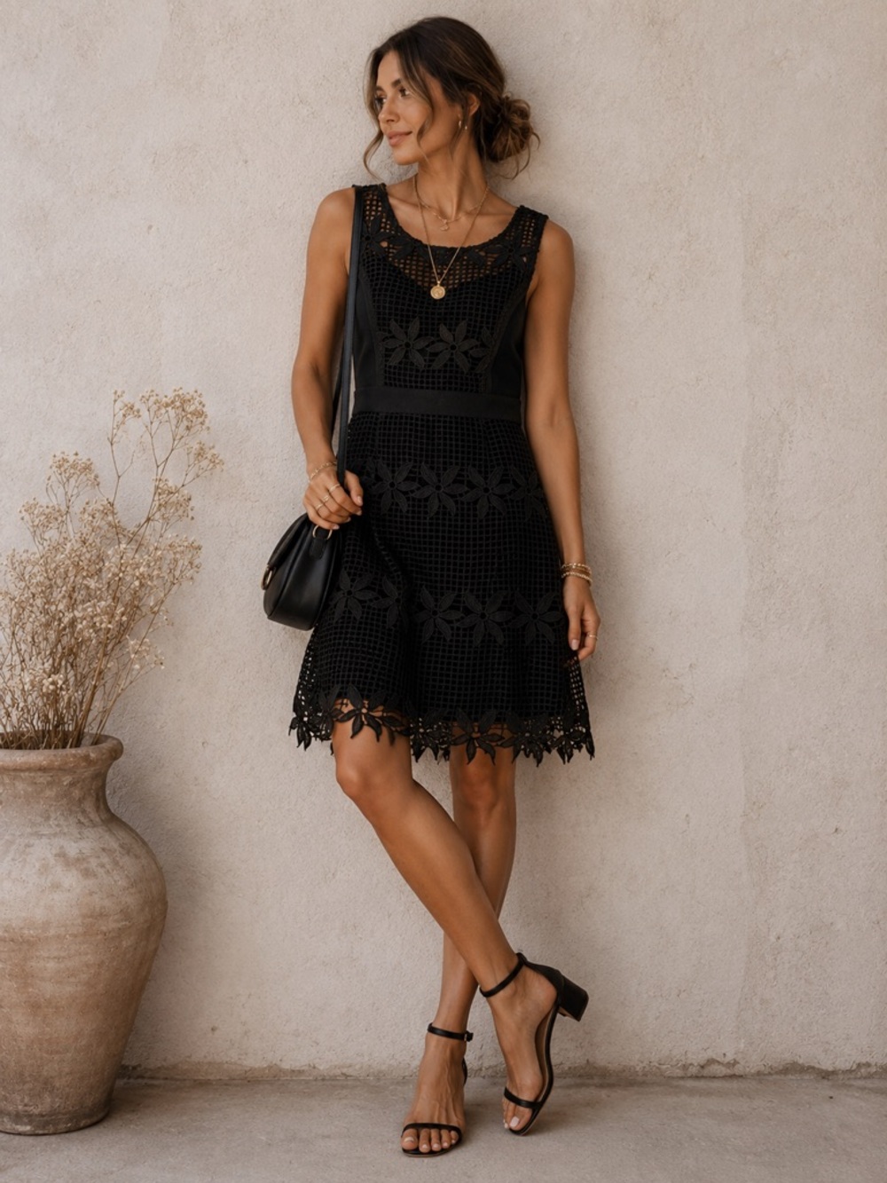 Skies Are Blue Black Crochet Floral Mini Dress